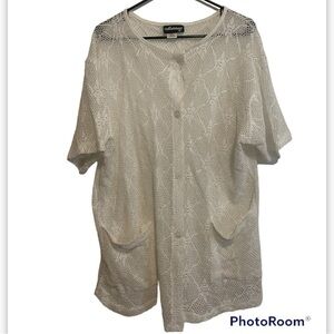 Madalana White and Black Eyelet Full Button Cover Up